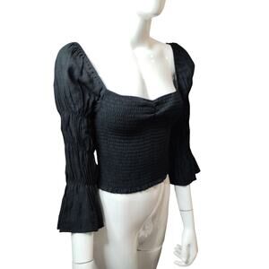 Lulus Women's size M Savia Black Smocked Puff Sleeve Crop Whimsigoth Witchy Top